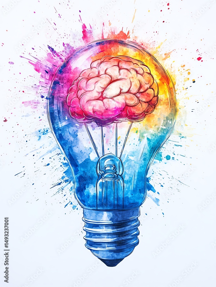 Watercolorstyle lightbulb bursting in electric neon colors, detailed brain visible inside, isolated white background, clipart representing innovation and intellectual breakthrough