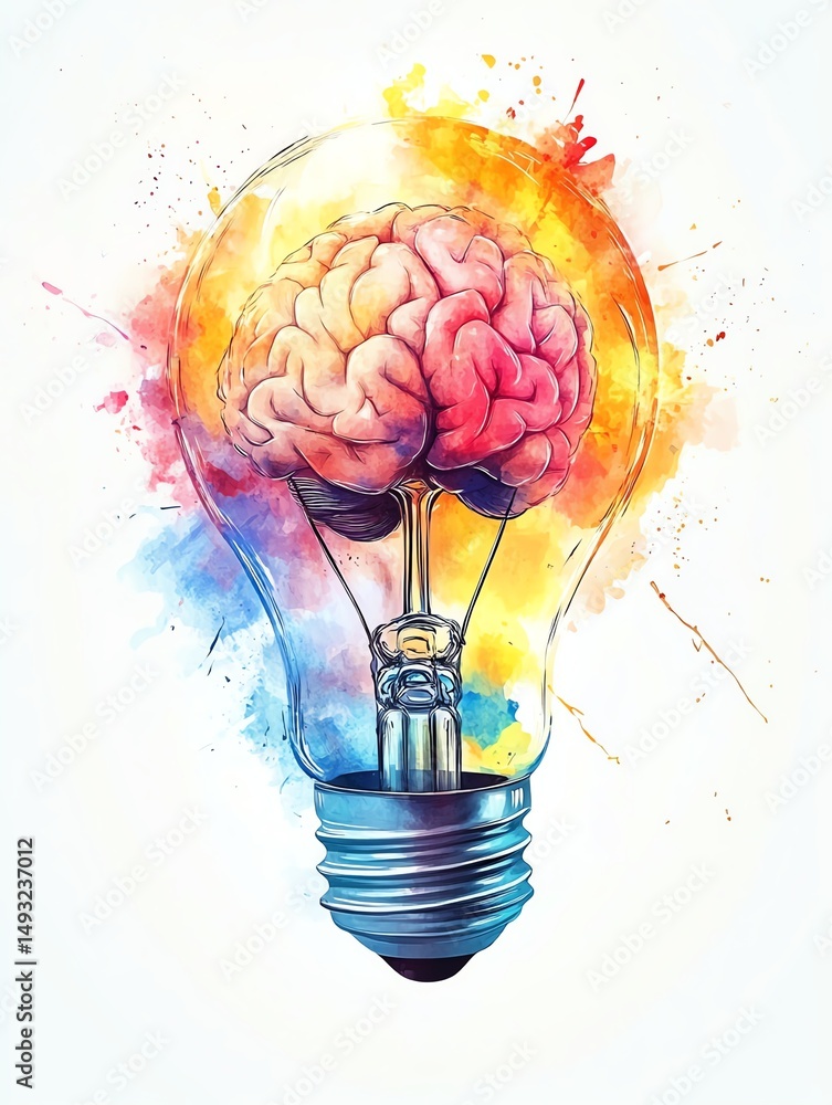Watercolorstyle lightbulb bursting in electric neon colors, detailed brain visible inside, isolated white background, clipart representing innovation and intellectual breakthrough