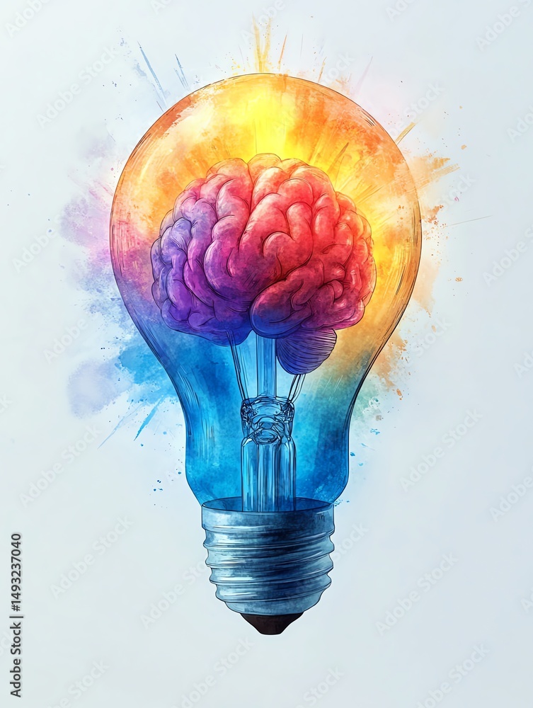 Watercolorstyle lightbulb bursting in electric neon colors, detailed brain visible inside, isolated white background, clipart representing innovation and intellectual breakthrough