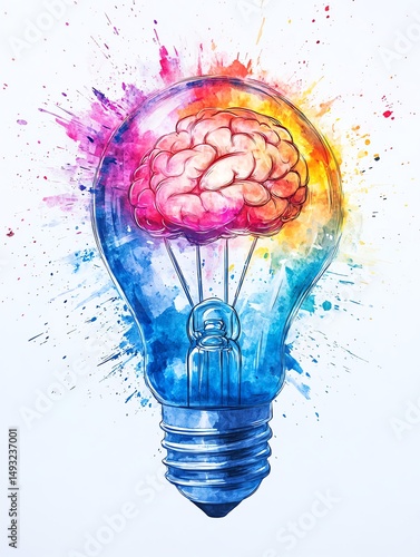 Obraz na płótnie Watercolorstyle lightbulb bursting in electric neon colors, detailed brain visible inside, isolated white background, clipart representing innovation and intellectual breakthrough w salonie