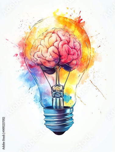 Obraz na płótnie Watercolorstyle lightbulb bursting in electric neon colors, detailed brain visible inside, isolated white background, clipart representing innovation and intellectual breakthrough w salonie