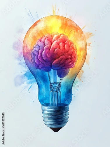 Obraz na płótnie Watercolorstyle lightbulb bursting in electric neon colors, detailed brain visible inside, isolated white background, clipart representing innovation and intellectual breakthrough w salonie