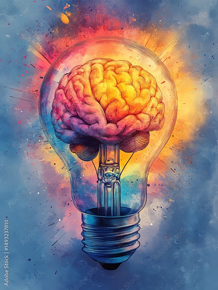 Exploding lightbulb in neon watercolor style, exposing a glowing human brain inside, vibrant energy bursts, isolated background, concept of brilliant ideas and innovation