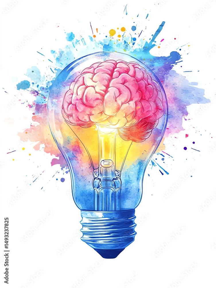 Exploding lightbulb in neon watercolor style, exposing a glowing human brain inside, vibrant energy bursts, isolated background, concept of brilliant ideas and innovation