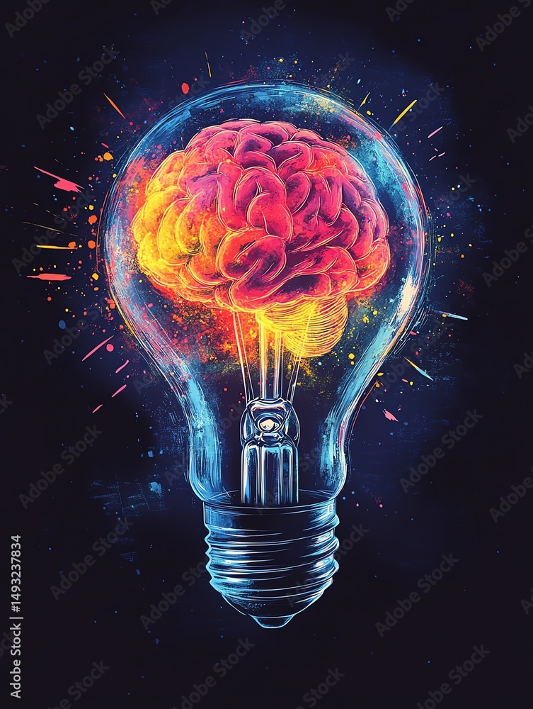 Exploding lightbulb in neon watercolor style, exposing a glowing human brain inside, vibrant energy bursts, isolated background, concept of brilliant ideas and innovation