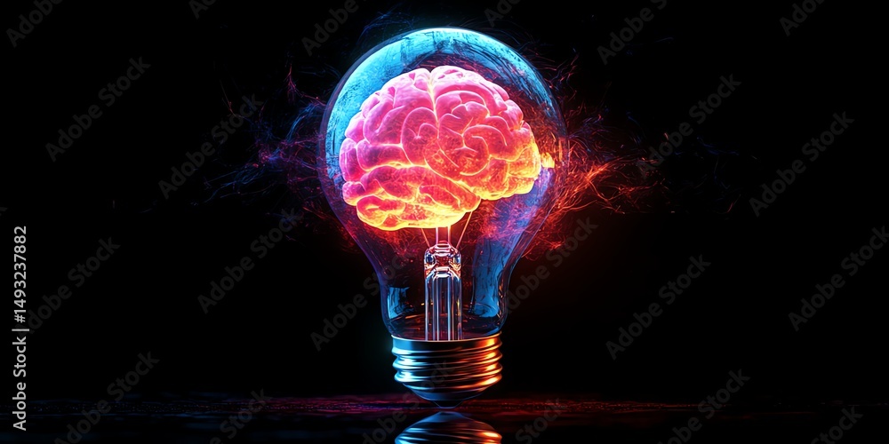Glowing lightbulb in watercolor clipart, exploding in vivid neon hues with a realistic brain inside, isolated background, visual metaphor for powerful thinking and creativity