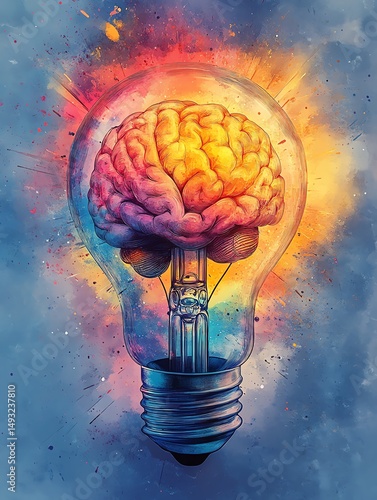 Obraz na płótnie Exploding lightbulb in neon watercolor style, exposing a glowing human brain inside, vibrant energy bursts, isolated background, concept of brilliant ideas and innovation w salonie