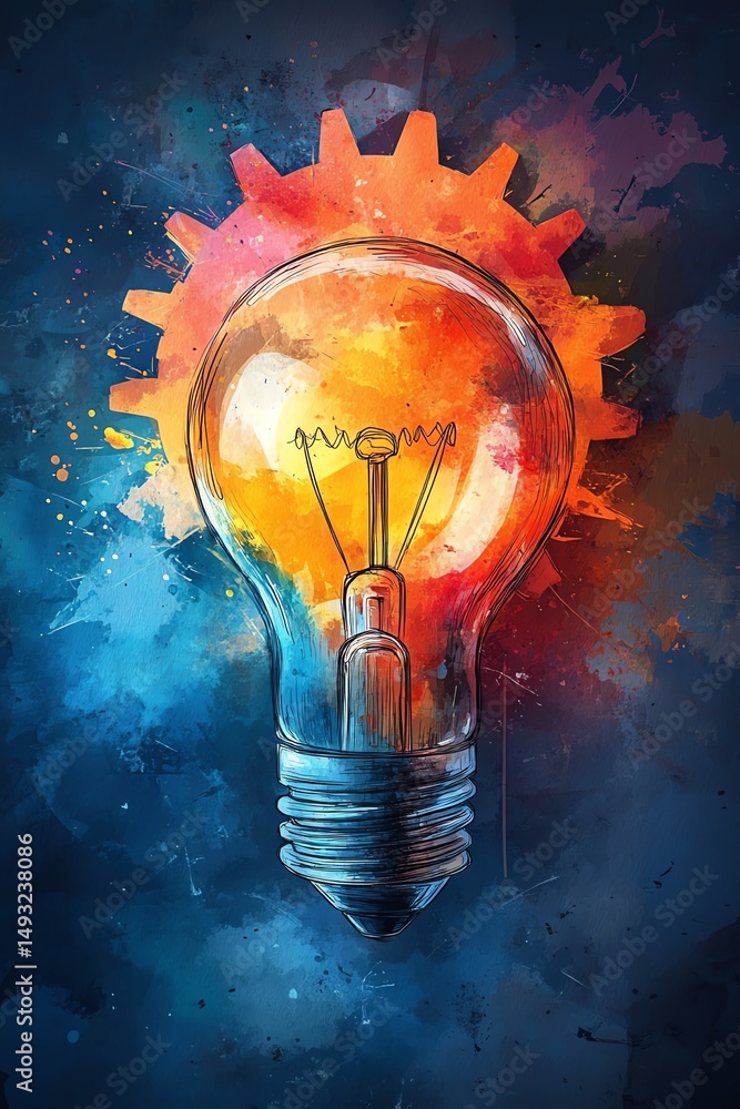 Isolated background watercolor clipart of a shining light bulb and turning gears