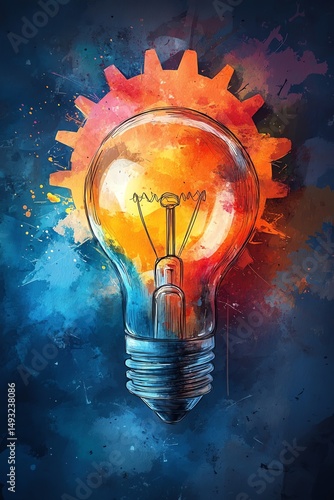 Obraz na płótnie Isolated background watercolor clipart of a shining light bulb and turning gears w salonie