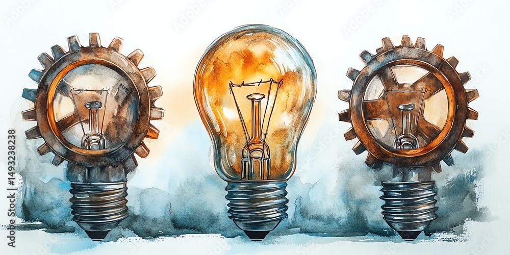 Watercolor clipart concept featuring a light bulb and interlocked gears, symbol of smart solutions, problemsolving and future innovation, clean white background, handpainted style