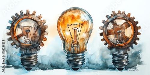 Obraz na płótnie Watercolor clipart concept featuring a light bulb and interlocked gears, symbol of smart solutions, problemsolving and future innovation, clean white background, handpainted style w salonie