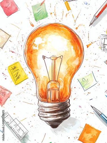 Obraz na płótnie Watercolor clipart of a glowing light bulb surrounded by colorful sticky notes, pens, and sketches on a white surface, symbolizing creativity and inspiration, isolated background w salonie