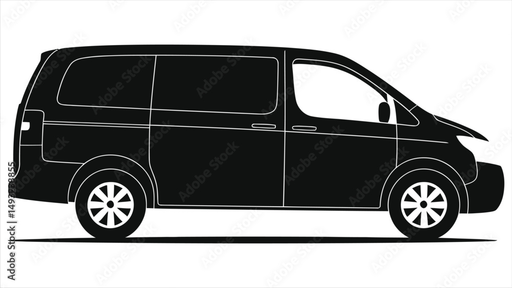 Simple black vector silhouette of a van side view/Clean, minimalist silhouette of a van seen from the side. Simple black vector silhouette of a van side view/Clean, minimalist silhouette of a van seen from the side.