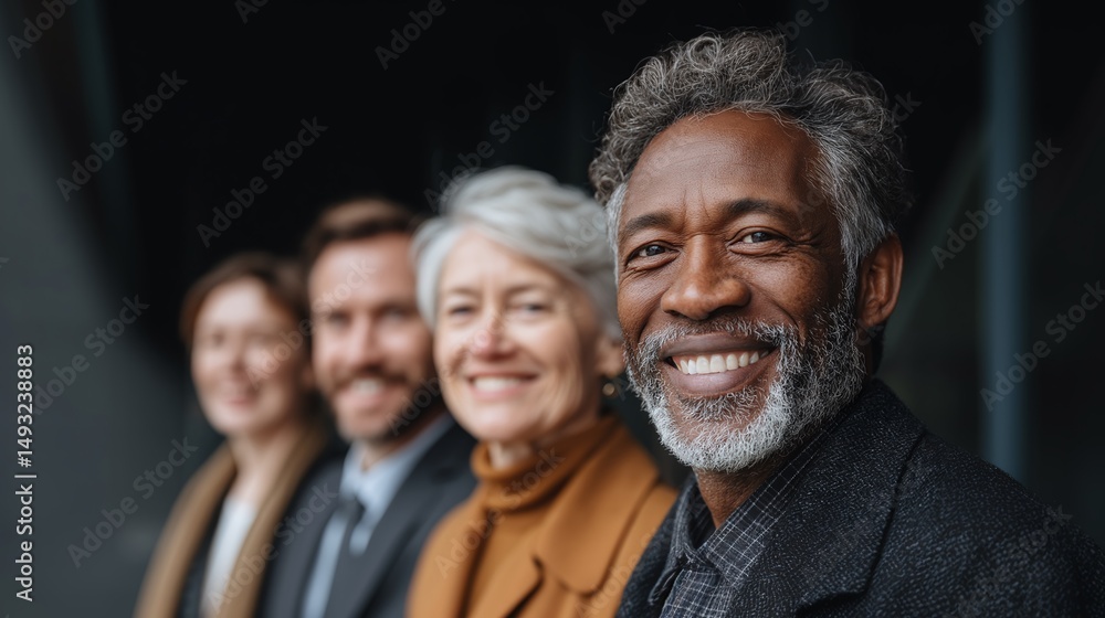 Fototapeta premium Diverse group portrait: Smiling mature professionals stand in a line. The photo captures the essence of unity, and collaboration among a team of colleagues.