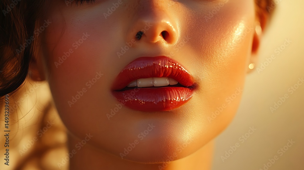 Obraz premium Close-up of perfectly symmetrical lips with creamy gloss, natural tone, soft skin texture, warm soft-focus background suggesting a luxury beauty environment. Created Using: RED Komodo,