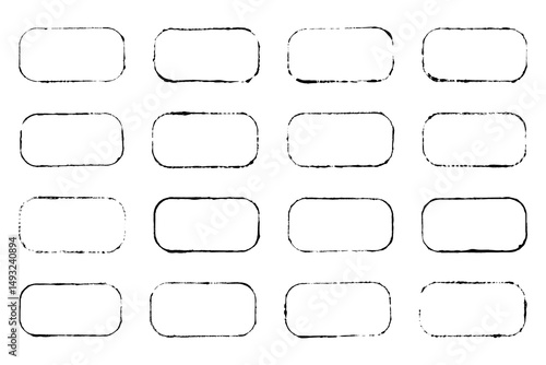 Set of hand-drawn brushed thin rectangular frames with uneven broken edges of same shape and size, arranged 4 in column and in row. Vector templates for text, headings, tables.