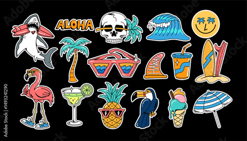 Tropical summer vector cartoon illustration set. shark, flamingo, skull, pineapple, surfboards, palm tree, and more.	