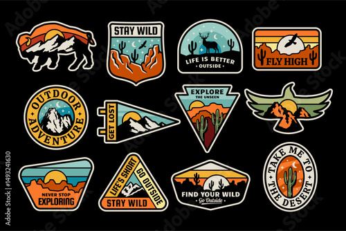 Set of vector outdoor adventure badges. Graphics for t-shirt prints, stickers, posters, and other uses.