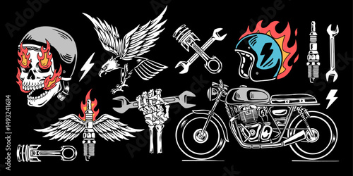 Retro motorcycle tattoo vectors. Skull, helmet, eagle, bike, wrench, and piston illustrations.  