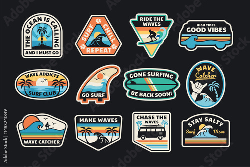 Set of vector surfing theme badges. Perfect t-shirt prints, posters, and other uses.