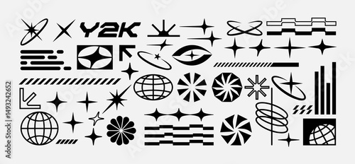 Retro-futuristic Y2K vector shape set with abstract icons, globes, stars, grids, and tech-inspired elements. Perfect for digital design, posters, and streetwear graphics.