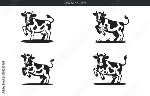 Black and white cow silhouette illustrations in various poses on a white background