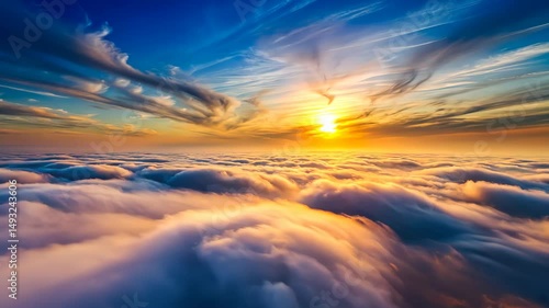 Golden hour sunset above the clouds, a breathtaking aerial view of the sky.