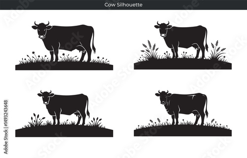 Four black silhouette cows grazing peacefully on a grassy field with floral elements