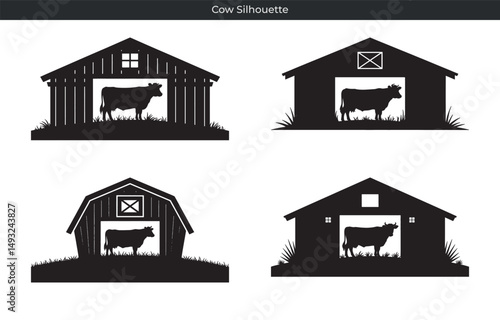 Silhouetted cow inside barn set illustrating rural farm life and agriculture for designs