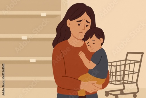 Mother and son facing empty shelves at supermarket during economic crisis