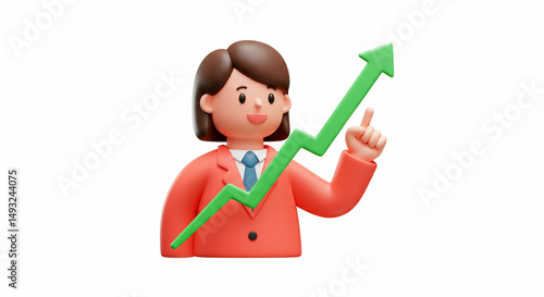 Cheerful businesswoman points up trend graph