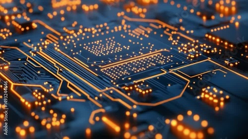 Circuitry Symphony: A close-up view of a dynamic computer circuit board glows with an intricate network of interconnected pathways and electronic components.