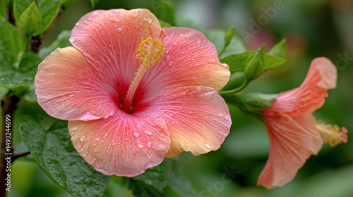 Close Up Peach Hibiscus Flower With Raindrops