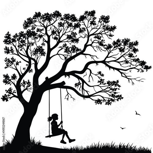 Woman on Swing Silhouette Under Tree – Moody Black and White Nature Scene