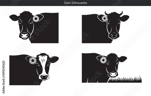 Stylish collection of black and white cow silhouettes adorned with decorative floral elements