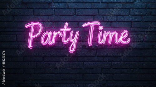Glowing pink neon sign on a dark brick wall, saying Party Time