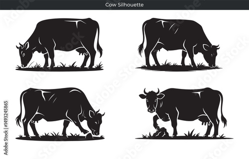 Silhouettes of cows grazing on grass in a simple and minimalist vector illustration