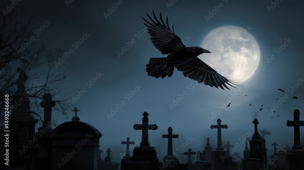 Fototapeta premium Dark Cemetery with Raven Flight