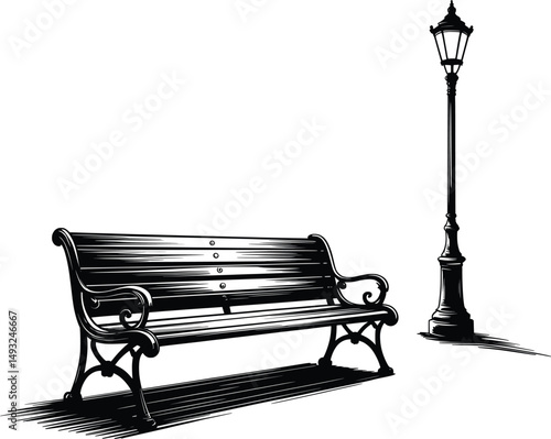 Vintage Park Bench Silhouette, Classic Lamp Post Vector Illustration.