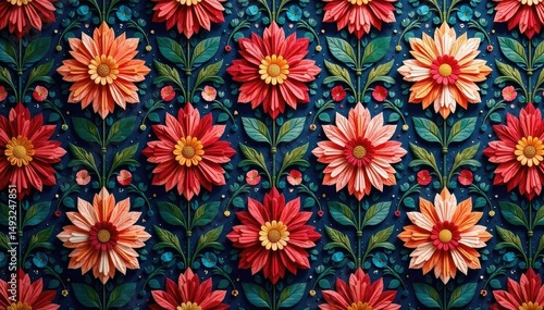 Intricate floral textile design, repeating motif , botanical, ornate, abstract