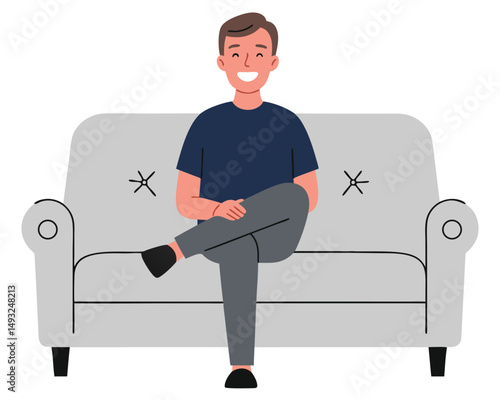 Cheerful Man Sitting Relaxed on Minimalist Sofa in Flat Vector Illustration Style
