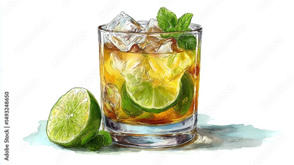 Fototapeta premium Refreshing cocktail watercolor artwork featuring ice, lime, and mint in a transparent glass, capturing a light and vibrant mood.
