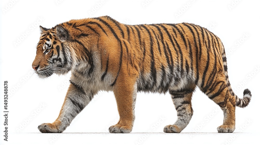 Obraz premium Majestic tiger strides powerfully against a stark white backdrop, its vibrant orange coat and distinctive black stripes creating a striking contrast.