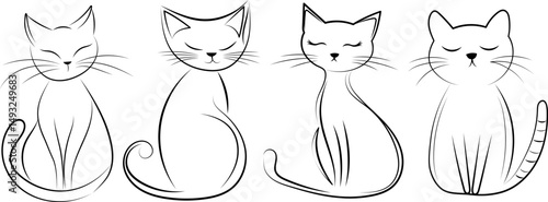 collection of cats sitting line drawing on white background, vector