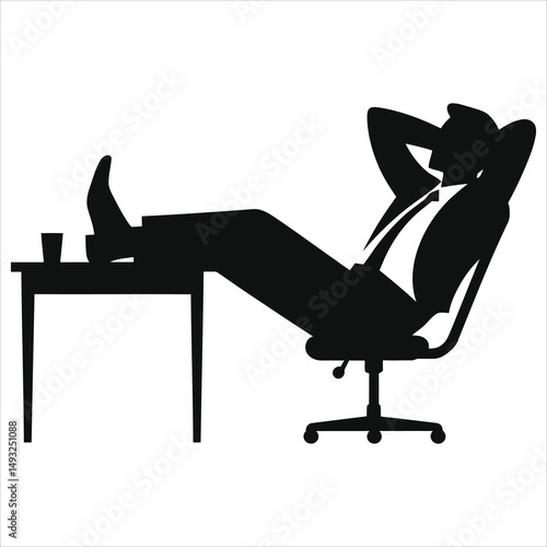 Vector Silhouette of Relaxed Businessman Leaning Back in Office Chair/Silhouette of a businessman relaxing in an office chair, feet up on a desk.