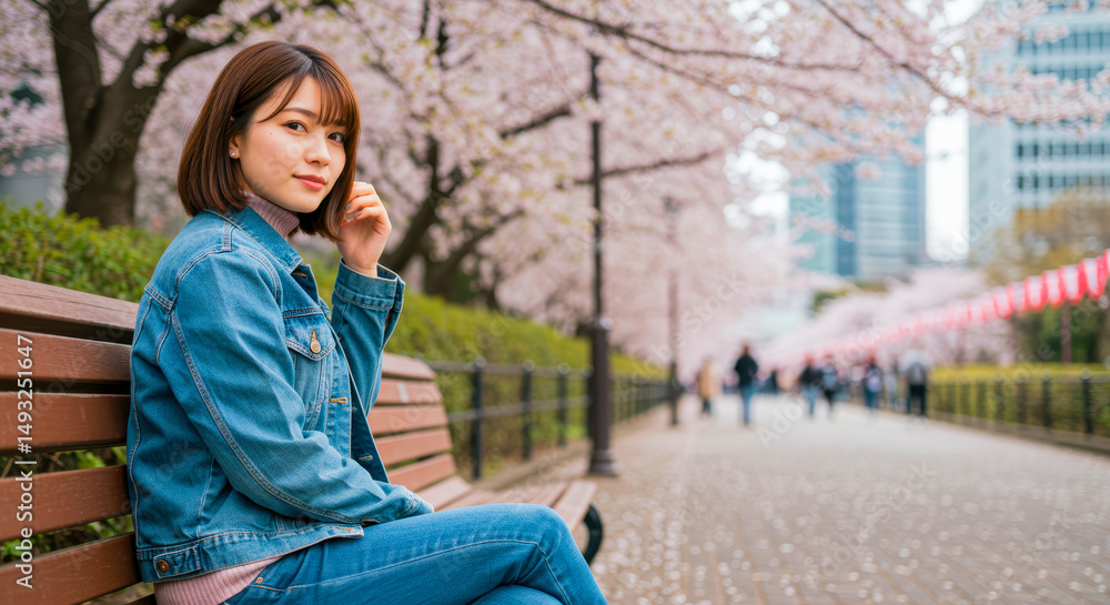 Fototapeta premium 電話で話している公園のベンチに座っている若い女性