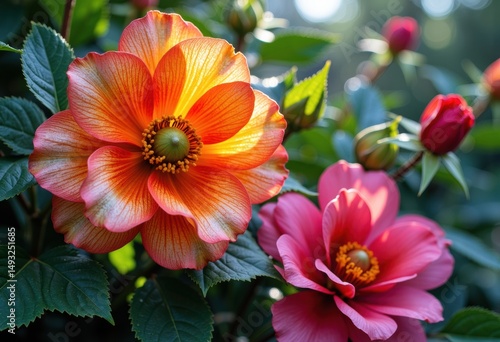Wallpaper Mural Vibrant orange and pink flowers bloom in a lush garden setting Torontodigital.ca