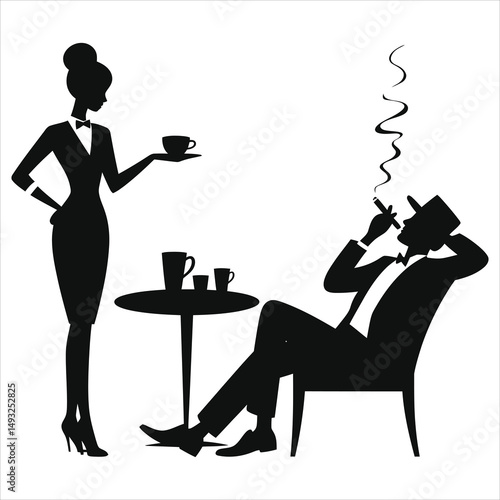 Vector Silhouette of Stylish Couple Enjoying Coffee and Cigars in a Retro Cafe/A black and white silhouette illustration of a woman serving coffee to a man smoking a cigar in a cafe.