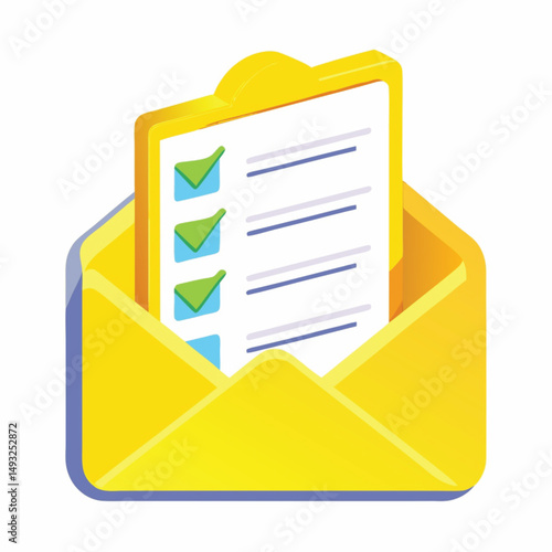3D Render of a Yellow Envelope Containing a Checklist with Checked Boxes Isolated on Transparent Background PNG