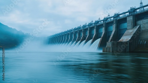  Hydroelectric dam with rushing water and electric turbines turning with the force of the flowing river water , generating clean energy for ecology and zero carbon targets